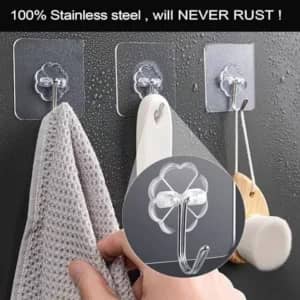 10 Pcs Transparent Stainless Steel Self Adhesive Wall Hooks – Strong Waterproof No Drill Hooks for Kitchen, Bathroom & Keys