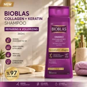 Bioblas Collagen and Keratin Shampoo 360ml back label showing ingredients, Turkish and English text, and 360 ml e marking